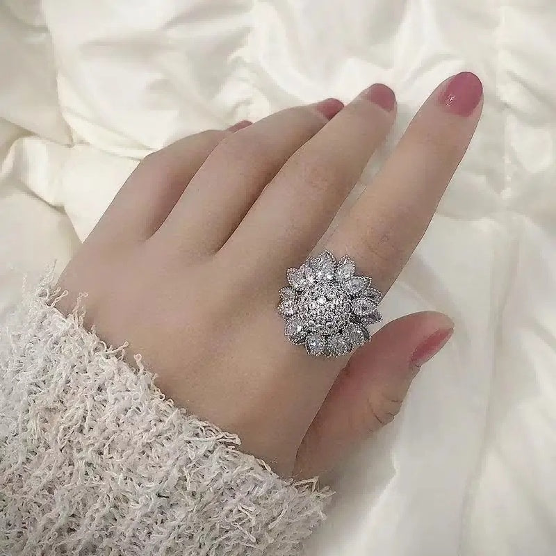 Silver-Tone Flower Ring for Women – Adjustable Statement Ring