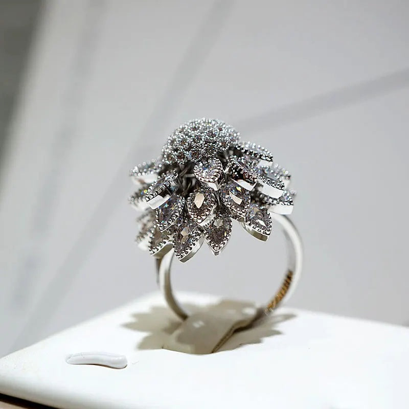 Silver-Tone Flower Ring for Women – Adjustable Statement Ring