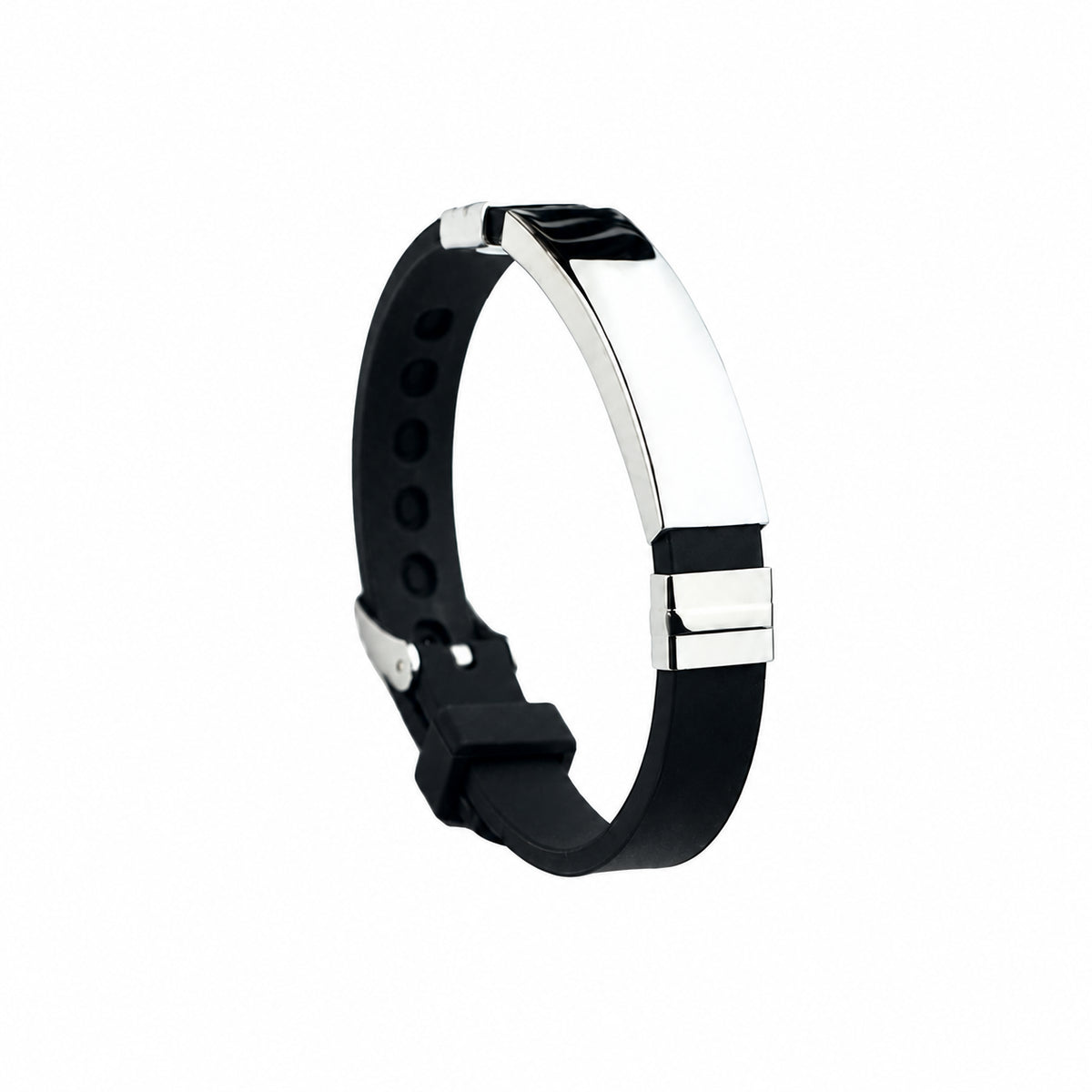 Black strap bracelet with silver-tone plate on white