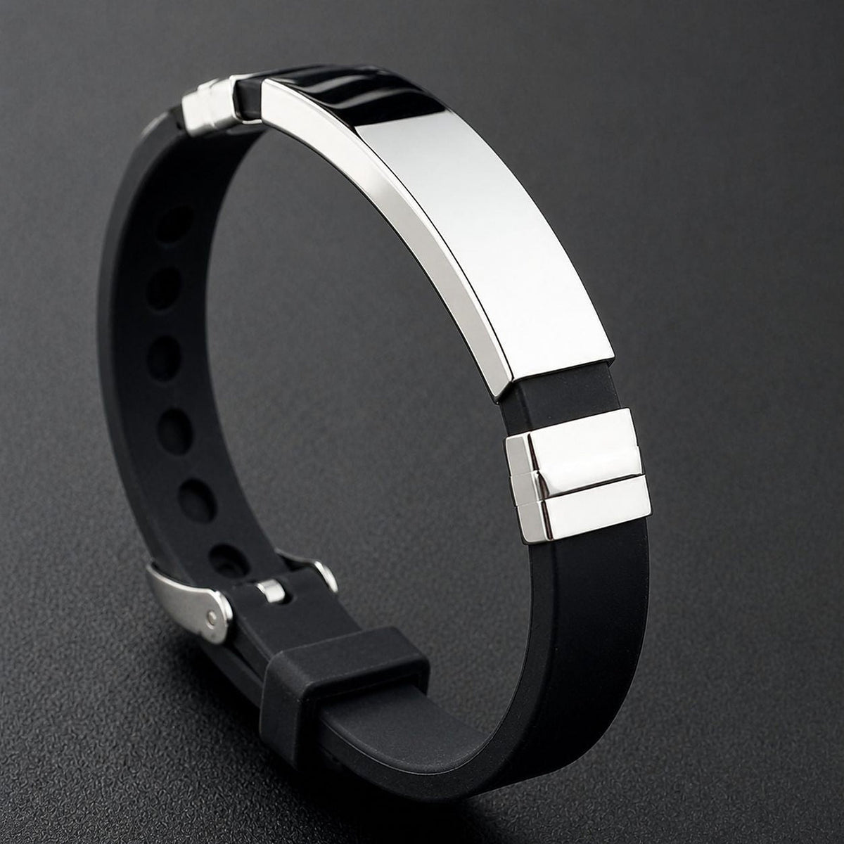 Black Strap Bracelet with Silver-Tone Plate – Unisex Minimal Bracelet