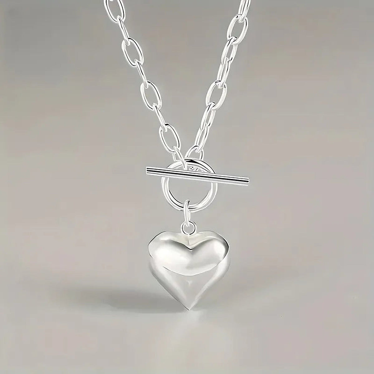 Silver-Tone Puffed Heart Toggle Necklace
