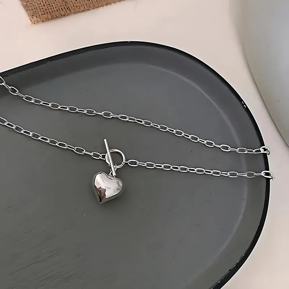 Silver-Tone Puffed Heart Toggle Necklace