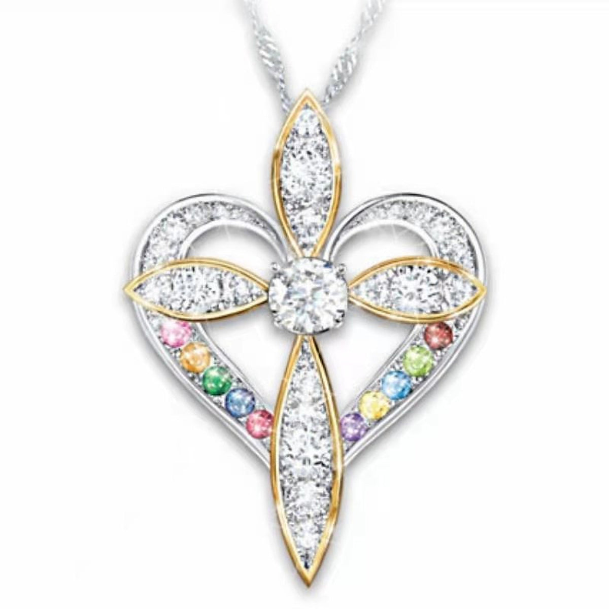 Two-Tone Heart Cross Pendant Necklace – Simulated Stones