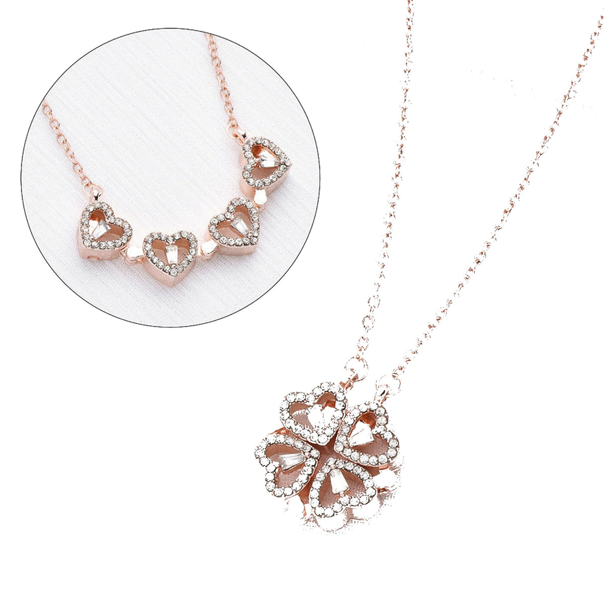 Rose Gold-Tone Folding Heart Clover Necklace for Women