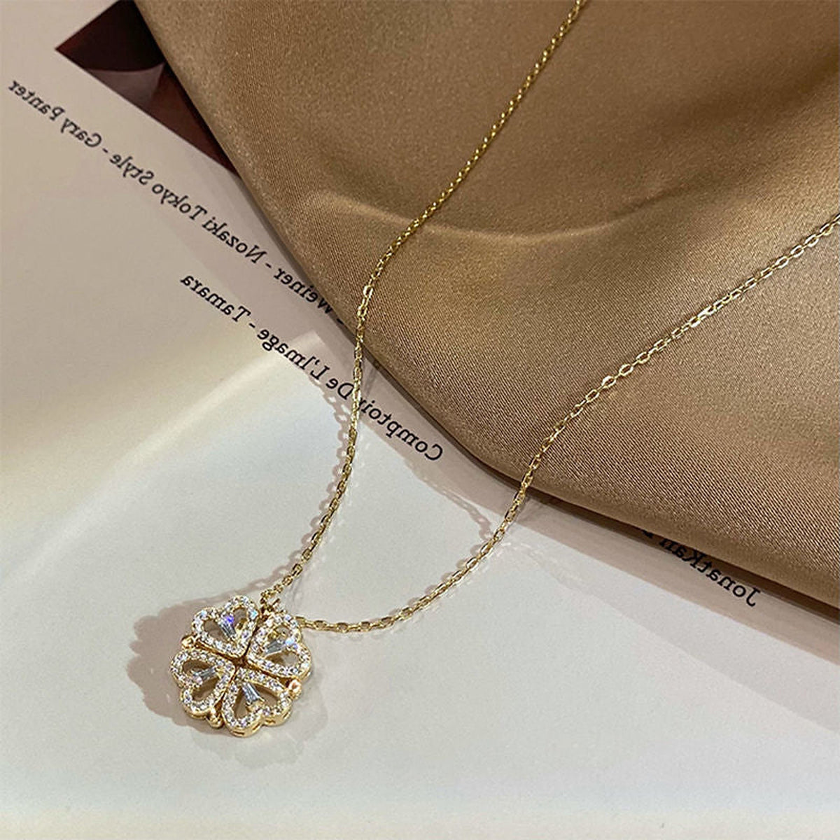 Rose Gold-Tone Folding Heart Clover Necklace for Women