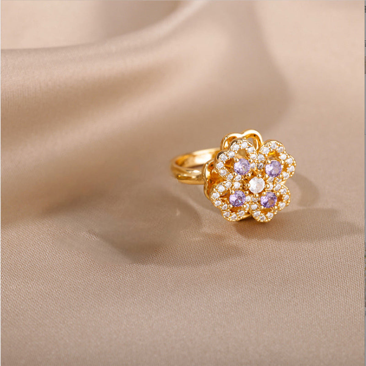 Gold-Tone Rotating Clover Ring with CZ – Open Adjustable Band