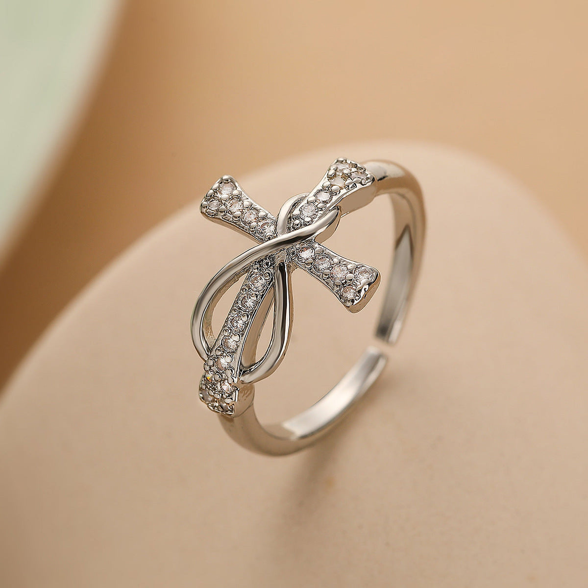 Silver-Tone CZ Cross Infinity Ring – Adjustable