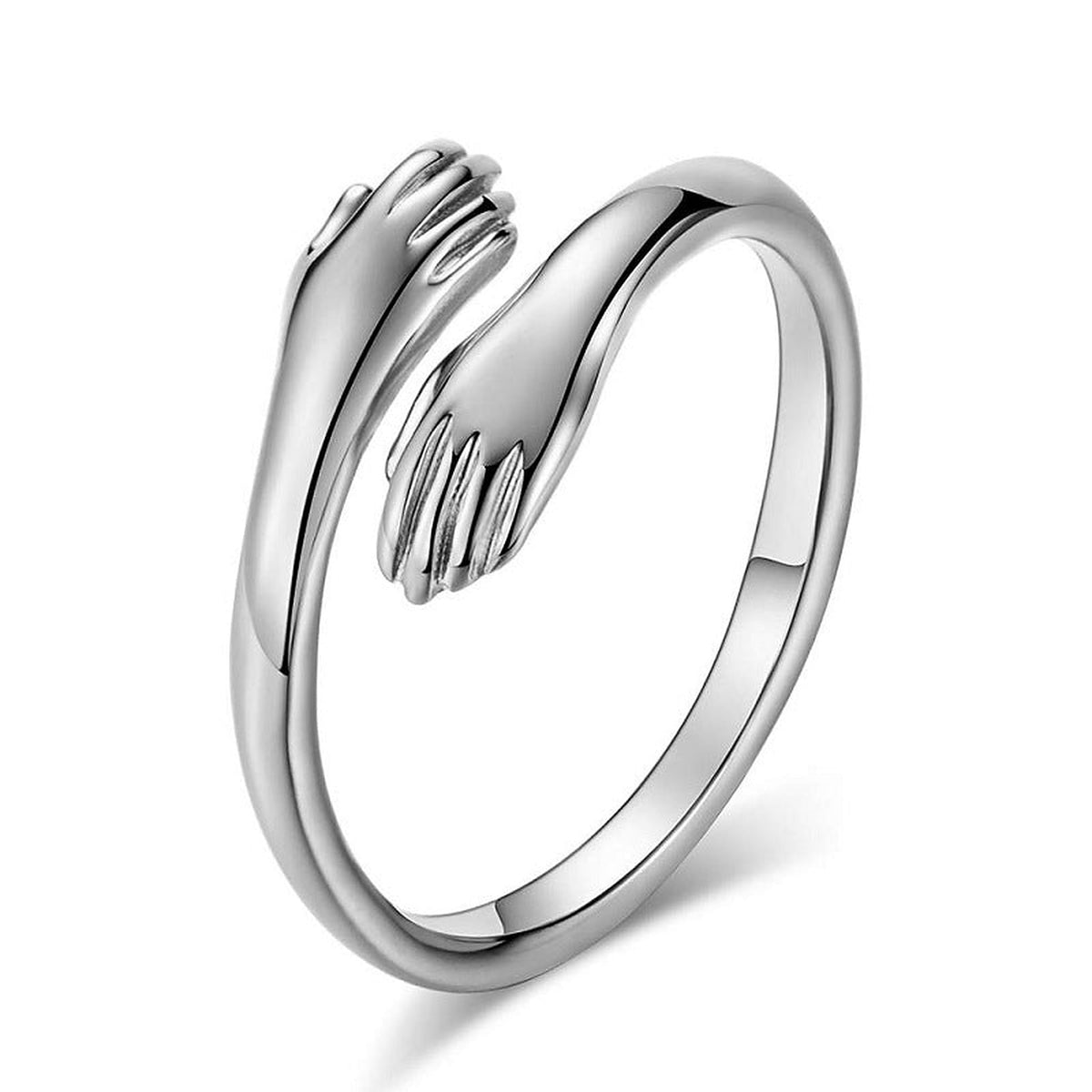 Silver-Tone Hugging Hands Ring – Adjustable Open Ring