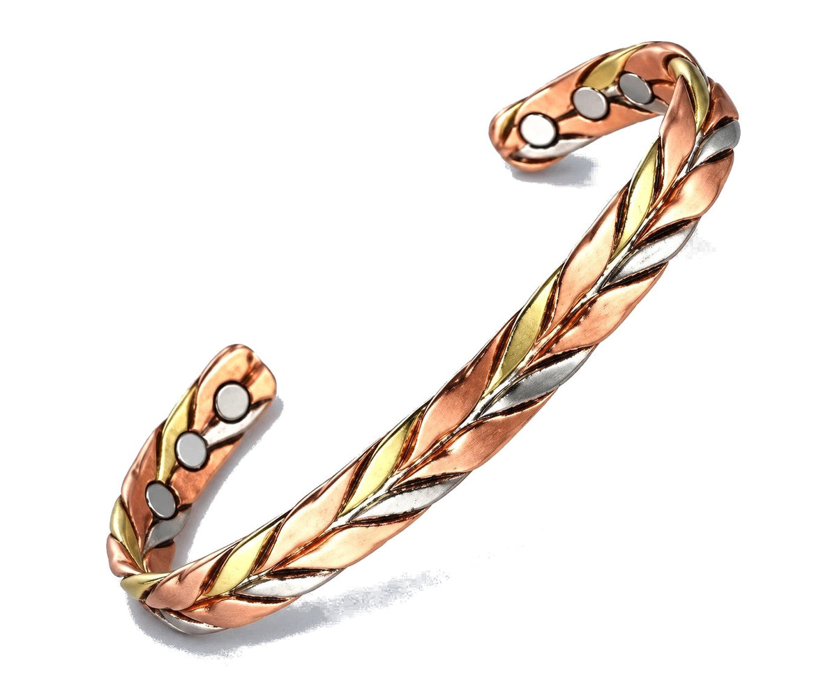 Mixed-Metal Leaf Braid Cuff - Copper, Gold & Silver Tones