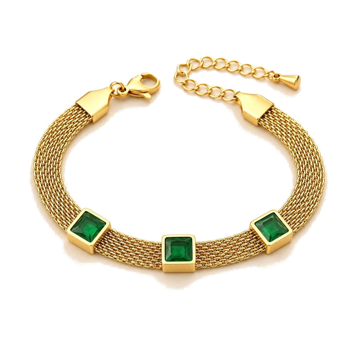 Gold-Tone Mesh Bracelet with Green Stones - Adjustable