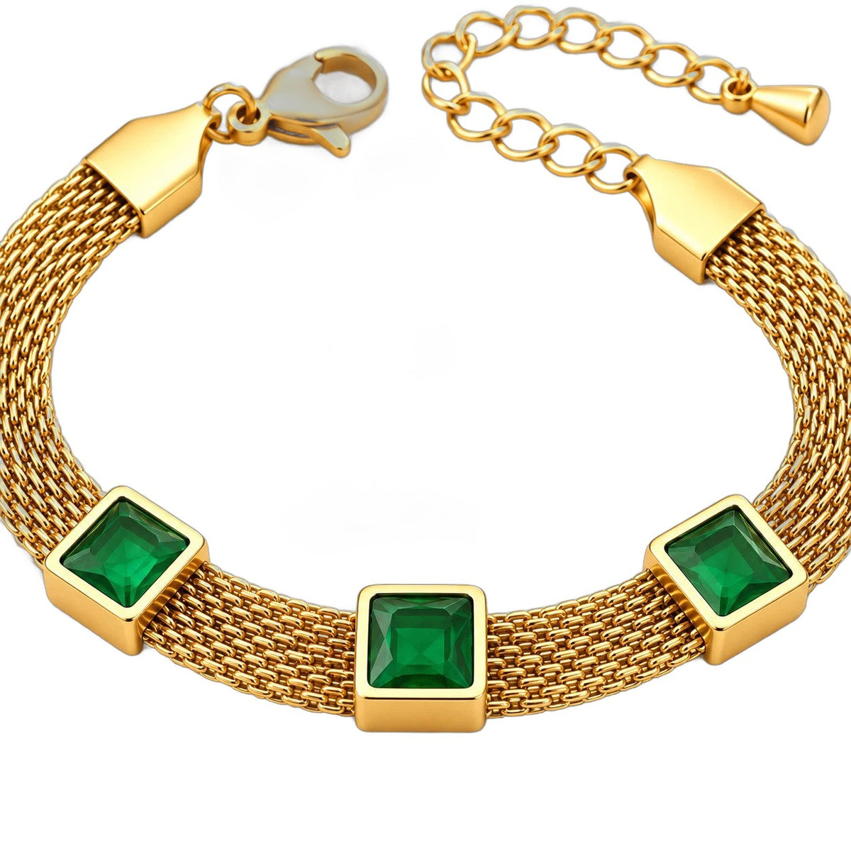 Gold-Tone Mesh Bracelet with Green Stones - Adjustable
