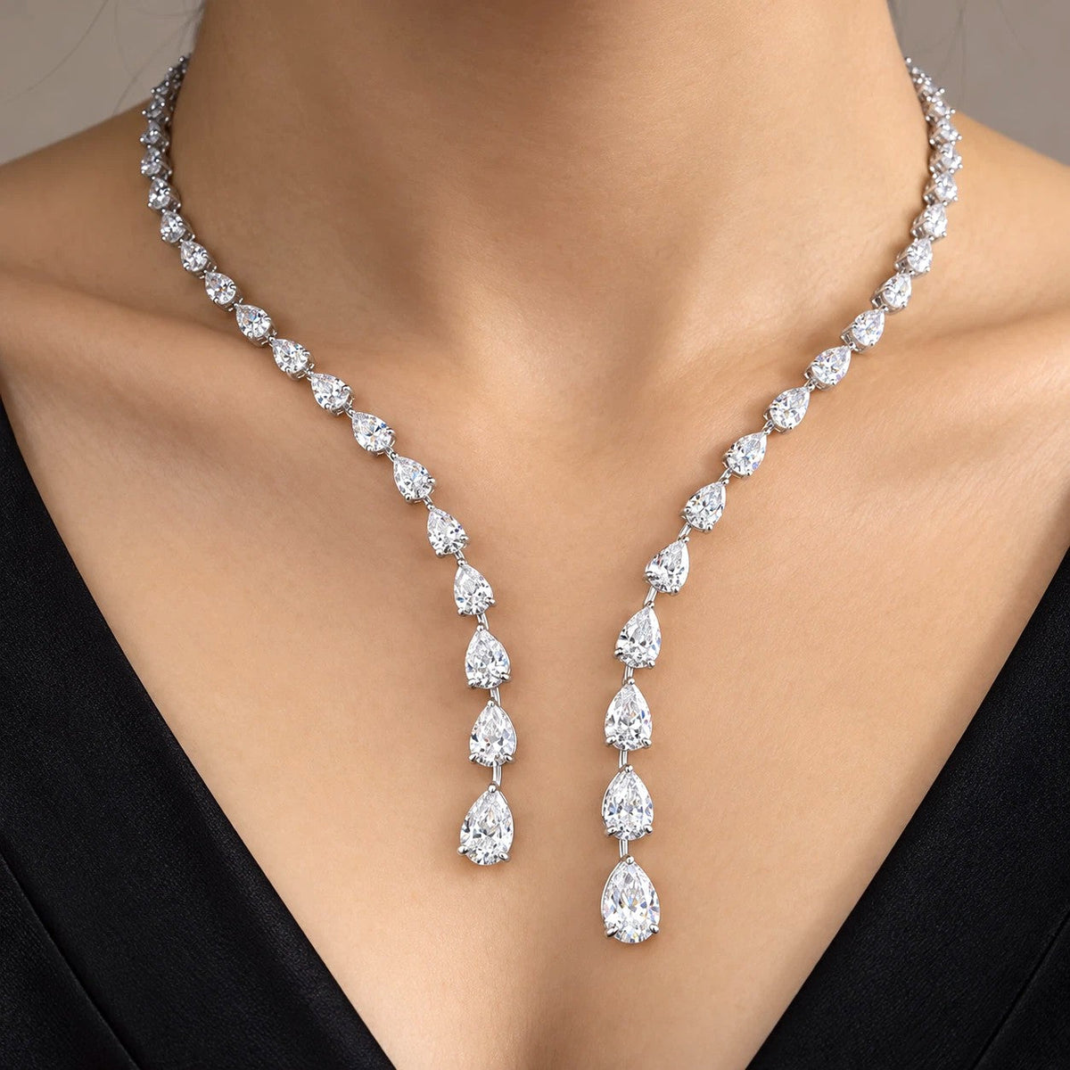 Silver Teardrop Crystal Necklace - Bridal & Evening