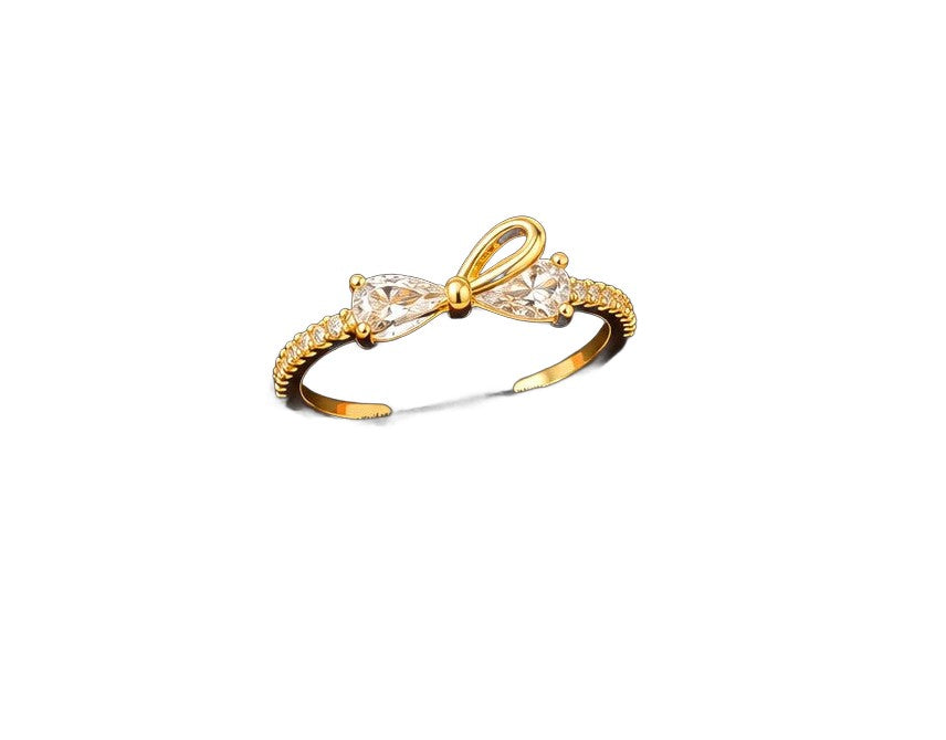 Gold-Tone Bow Ring - Adjustable Open Band, Dainty