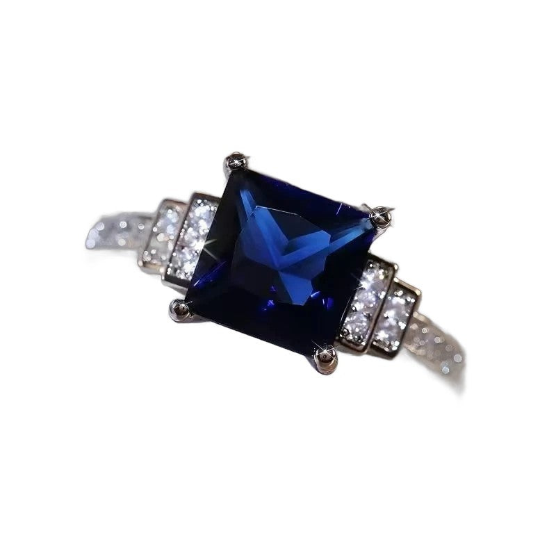 Blue Square Halo Ring - Silver-Tone Cocktail Ring