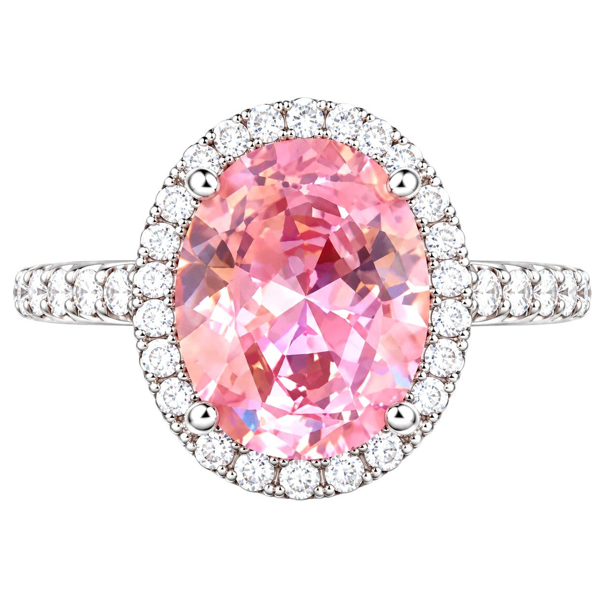 Pink Oval Halo Ring - Adjustable Silver-Tone Statement Ring