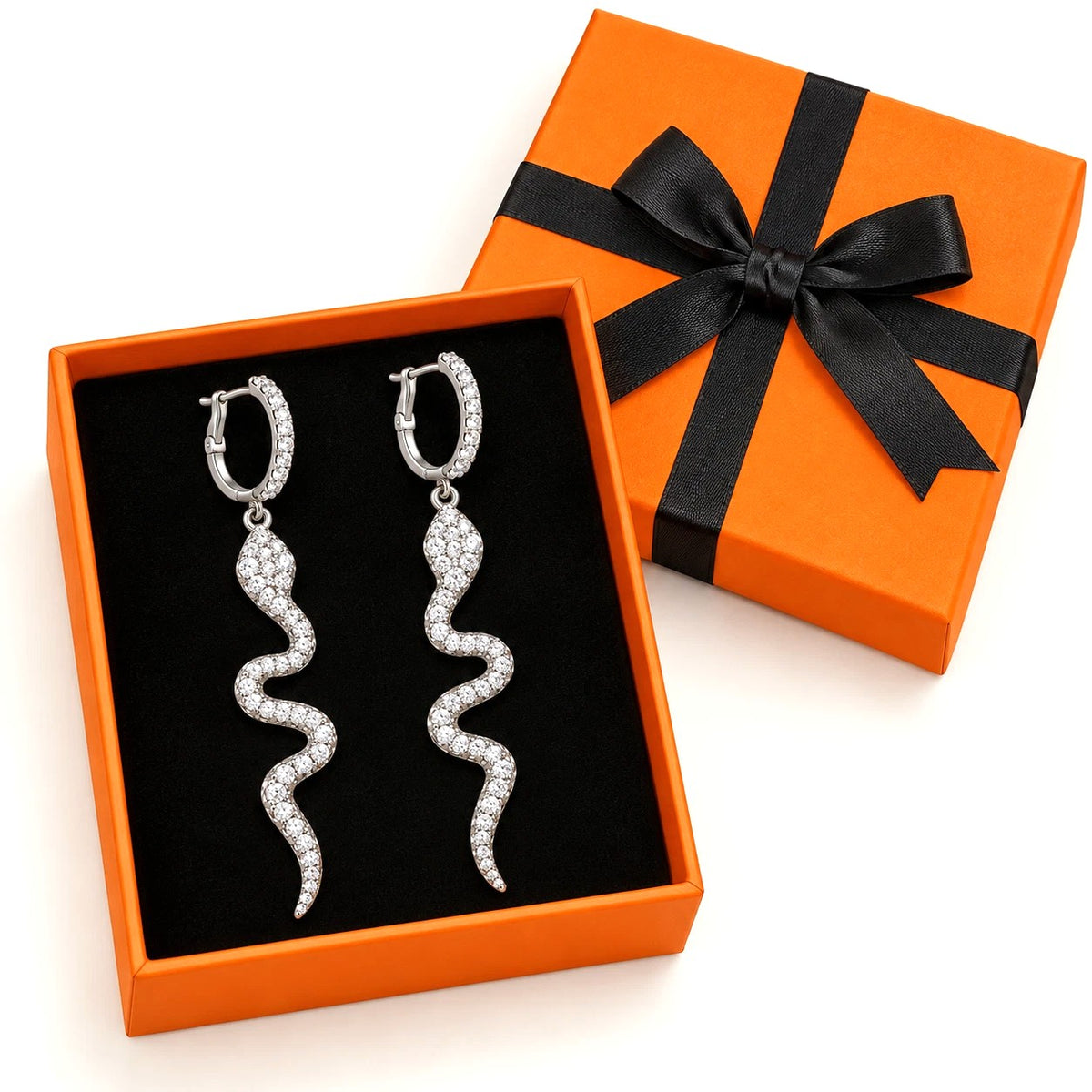 Silver Snake Drop Earrings - Crystal Hoop Dangles
