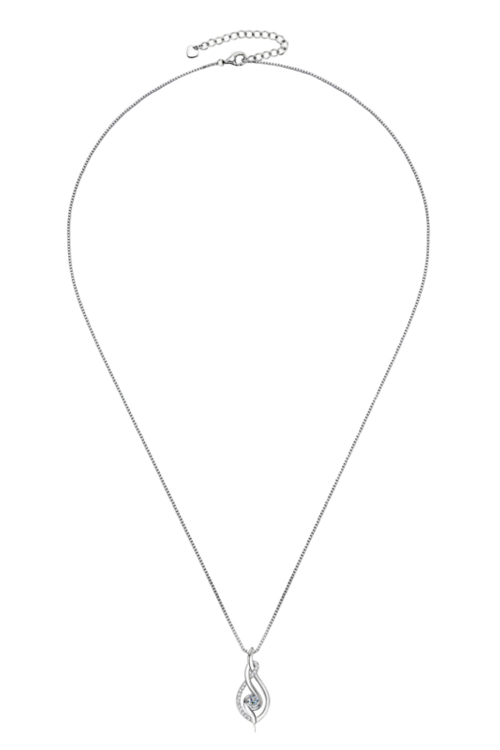 Moissanite pendant necklace in plated sterling silver, full chain and clasp on pure white