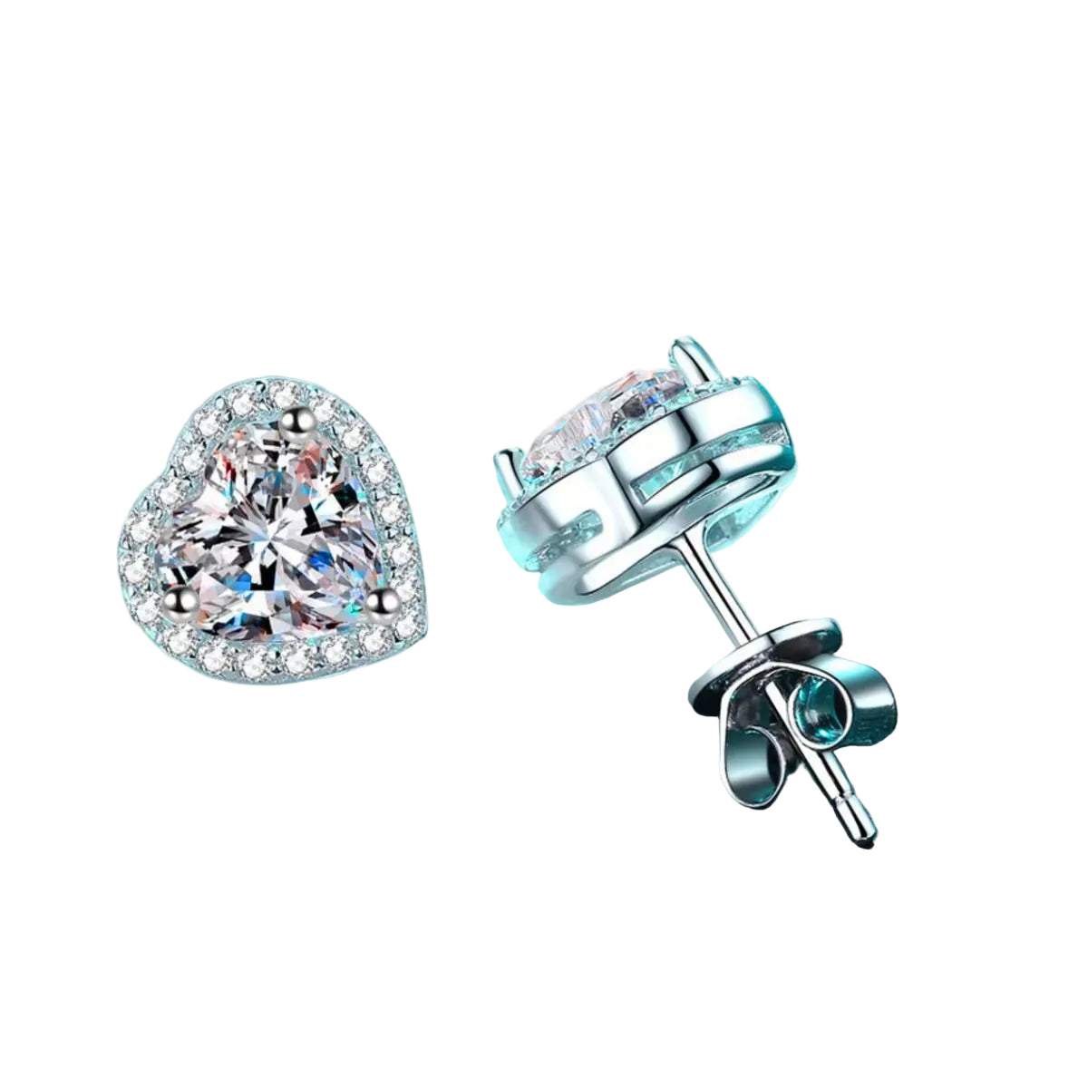 Moissanite heart stud earrings in sterling silver, front and side setting with butterfly back on pure white