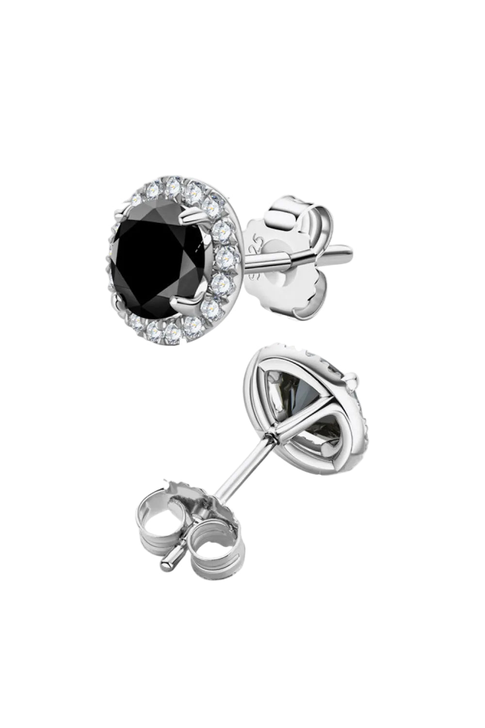 Black moissanite stud earrings, front and rear setting detail on pure white