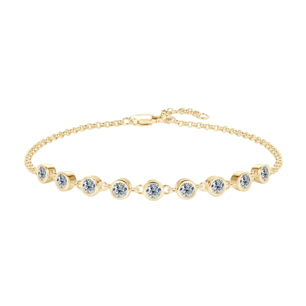 0.9 carat moissanite bracelet in gold-plated sterling silver, angled full-chain view on pure white