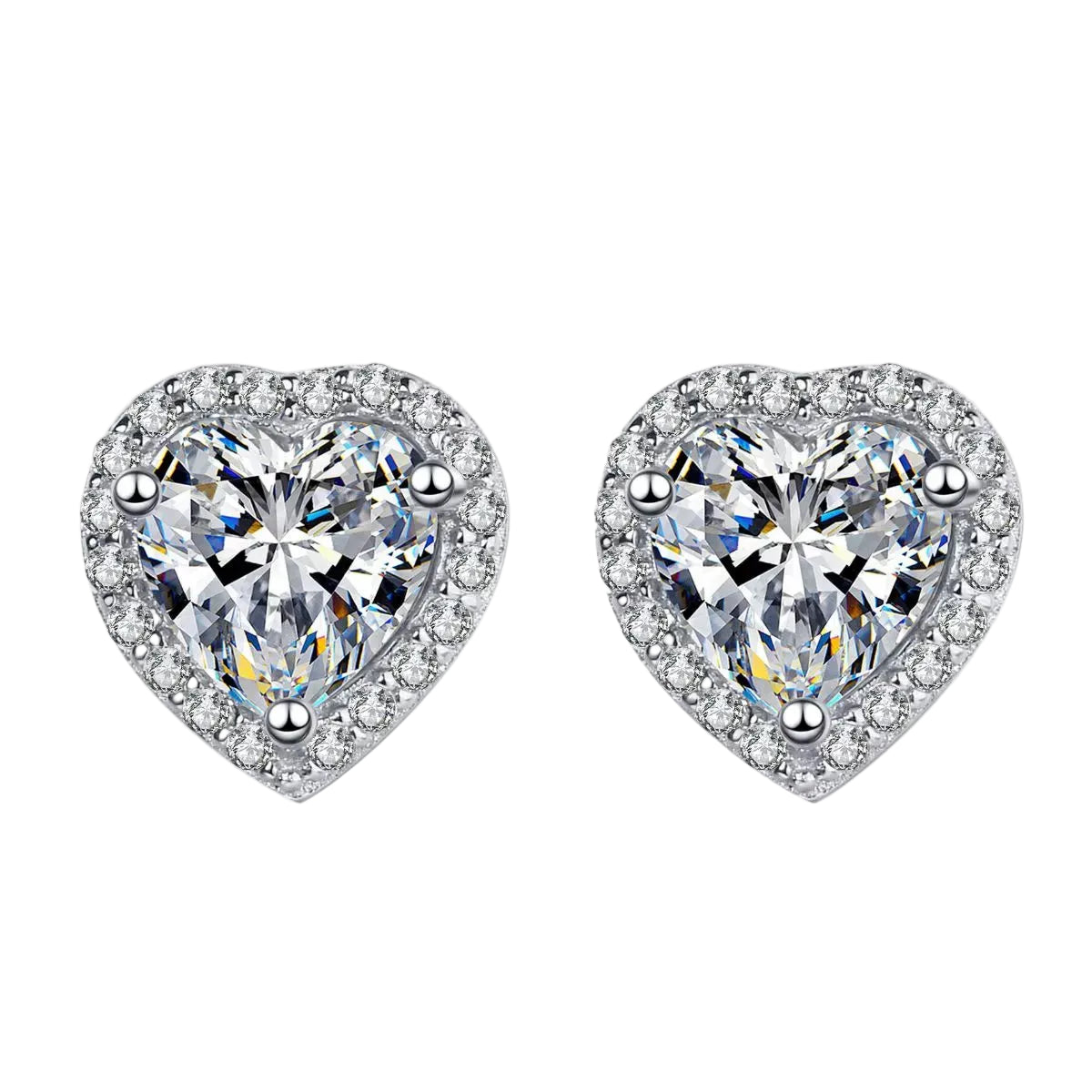 Moissanite heart stud earrings, enlarged front halo and stone detail on pure white