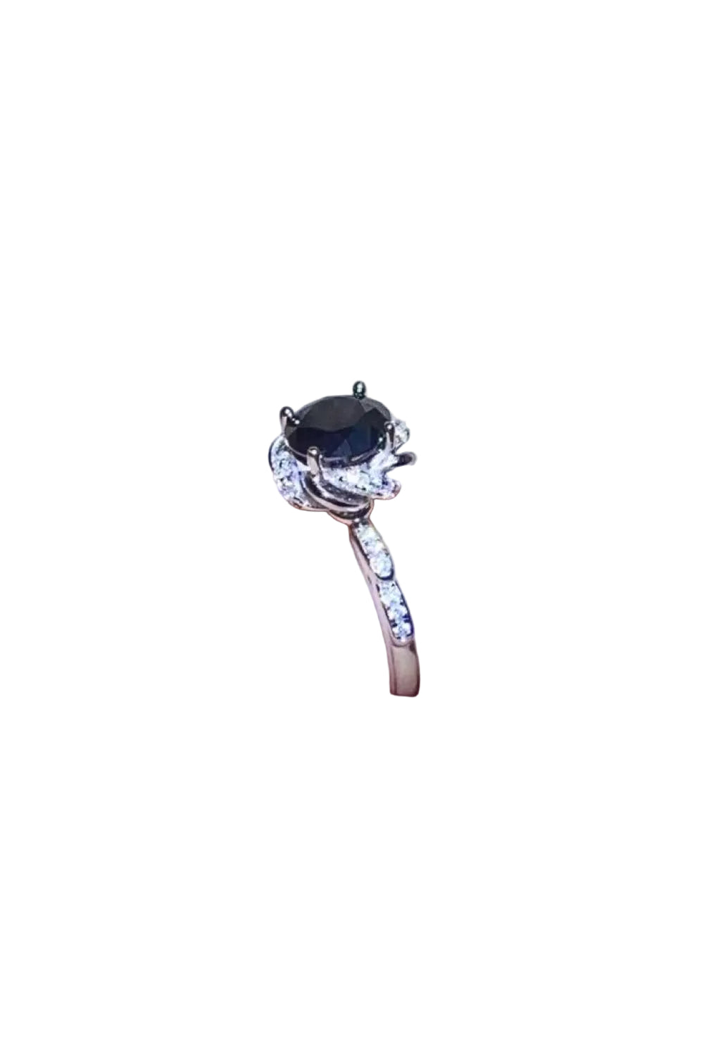 2 carat black moissanite floral ring, side setting and shoulder detail on pure white