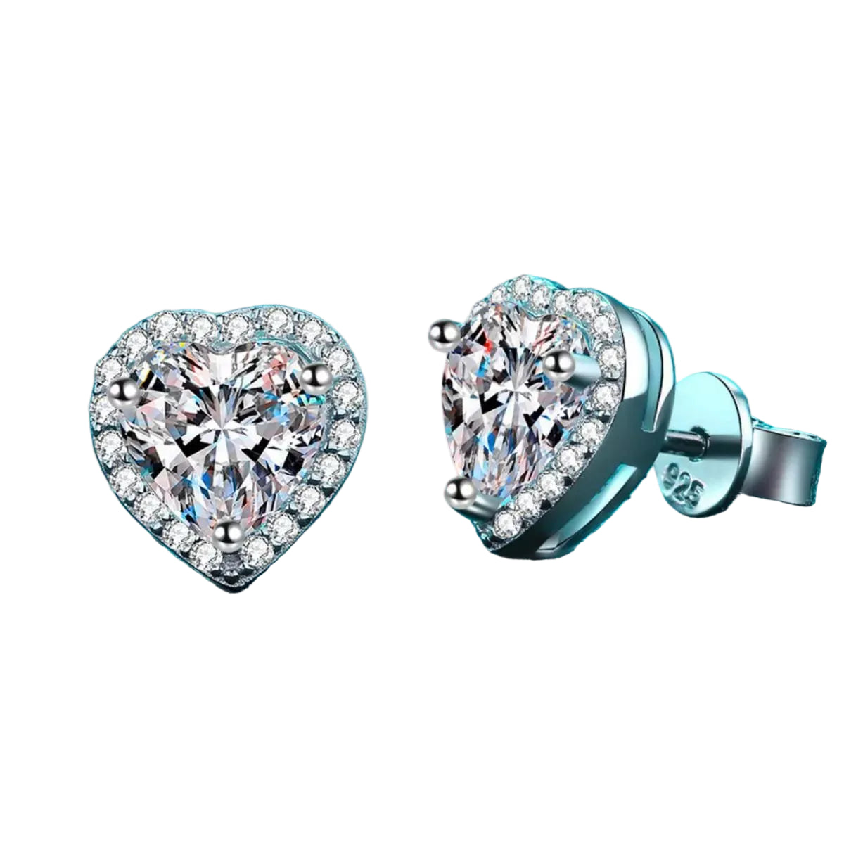 Moissanite heart stud earrings, angled front and side pair on pure white