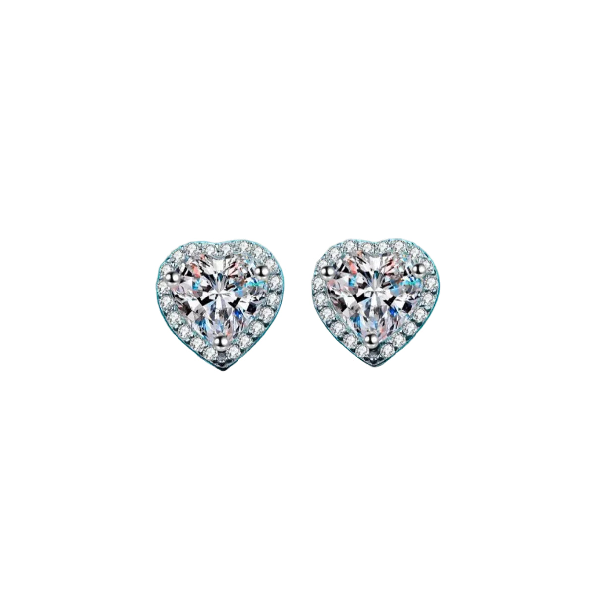2 carat moissanite heart stud earrings in 925 sterling silver, front pair on pure white