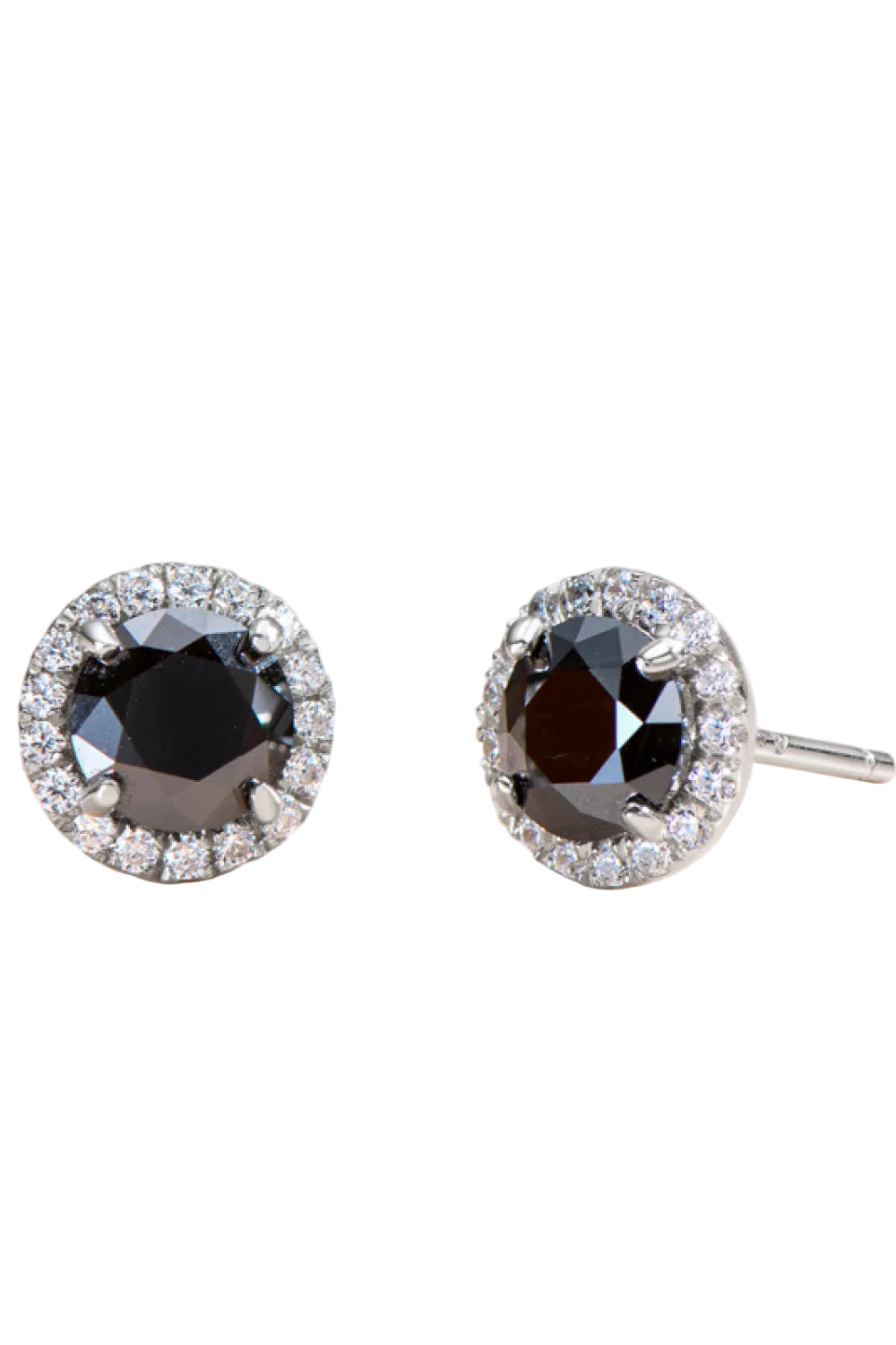Black moissanite four-prong stud earrings, front pair close-up on pure white