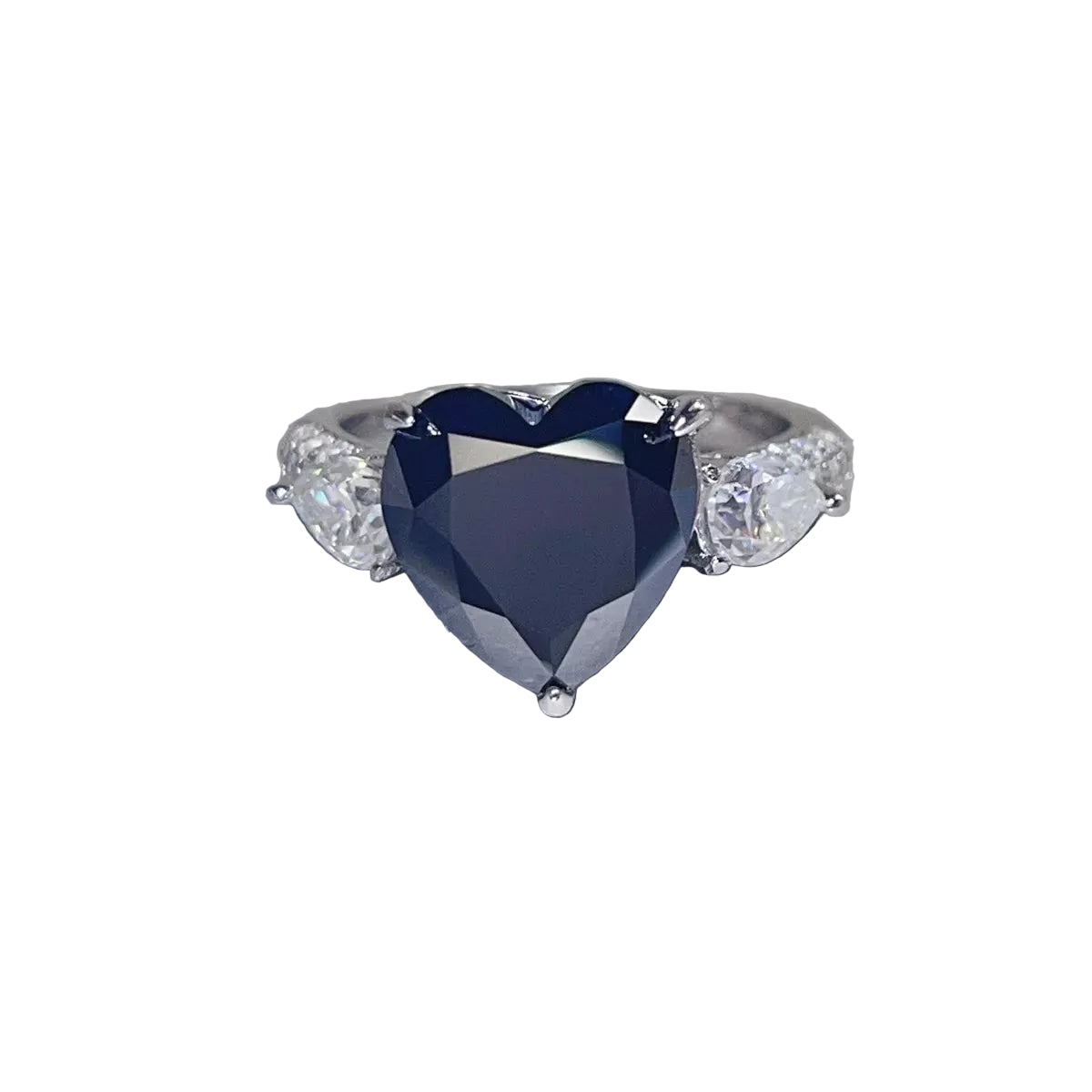 5 carat black moissanite heart ring, front stone and side accents close-up on pure white