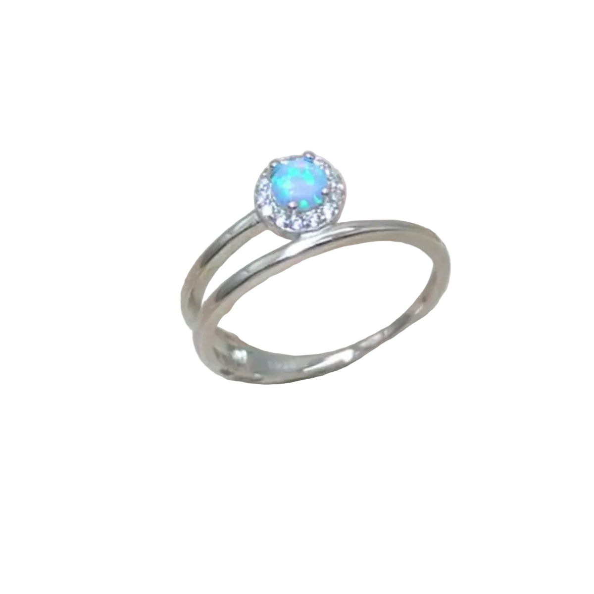 Opal and zircon sterling silver ring, front stone detail on pure white