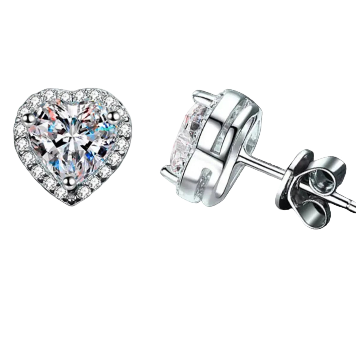 Moissanite heart stud earrings, front halo and rear basket detail on pure white