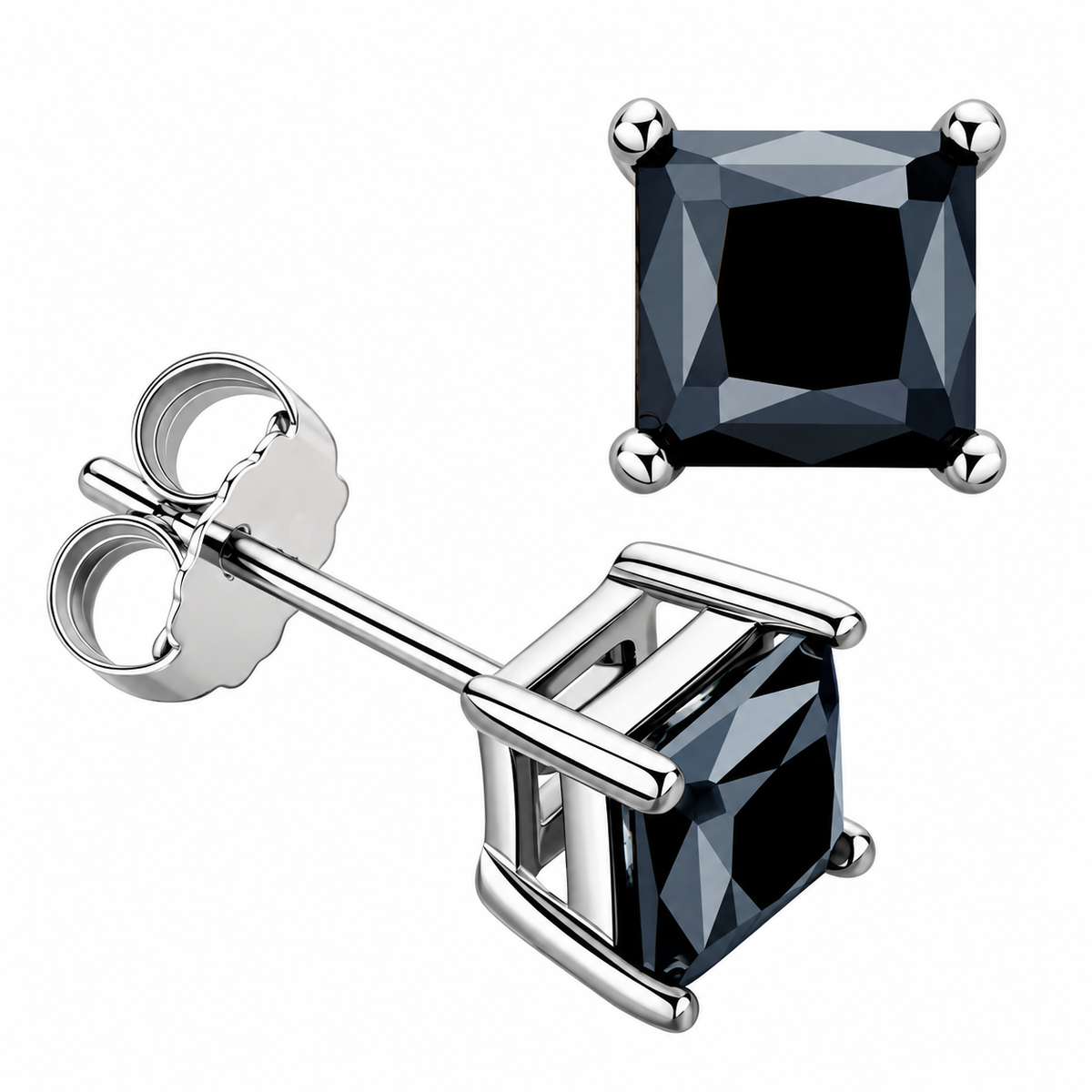 Boucles d'oreilles puces carrées en moissanite noire de 2 carats en argent sterling