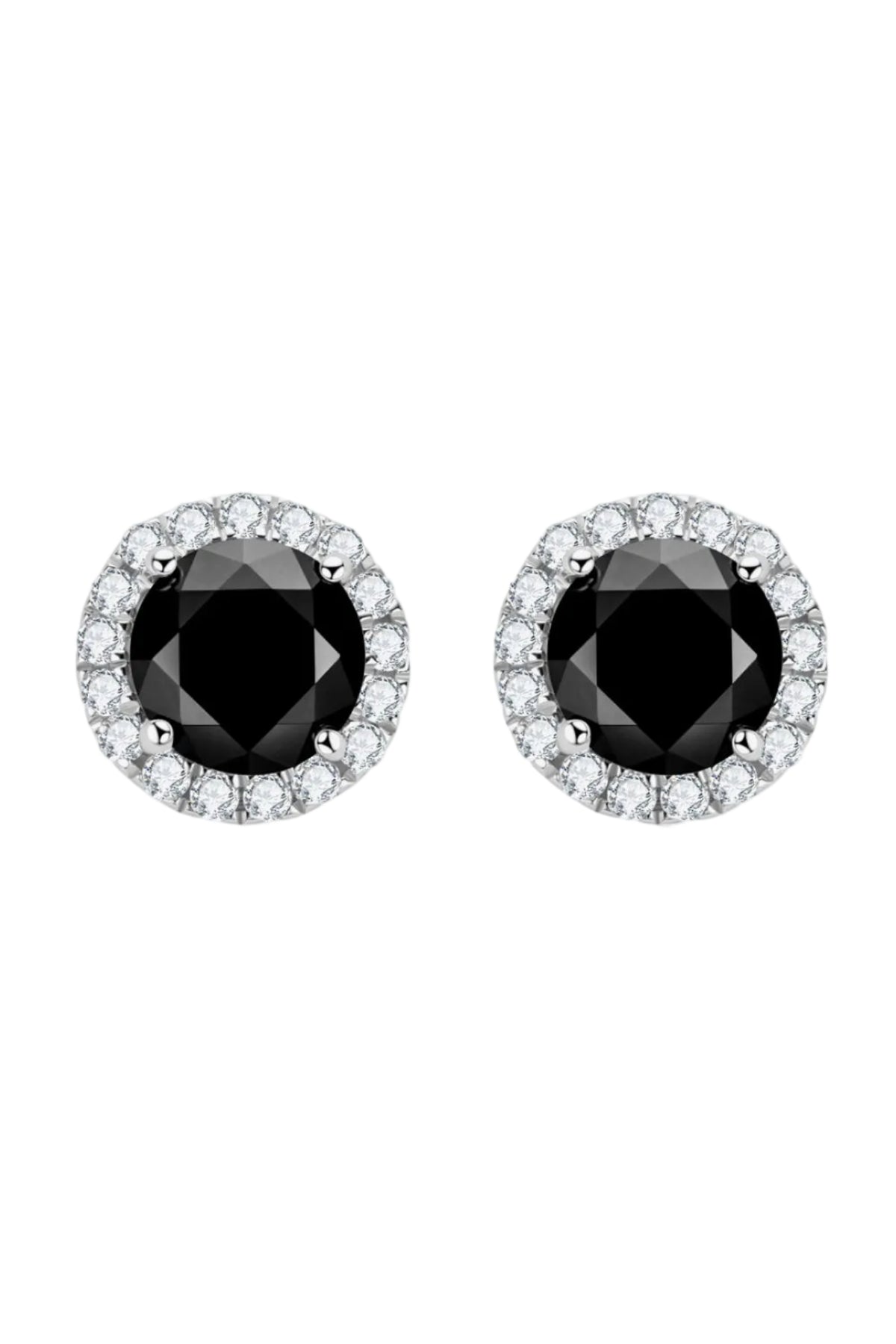 Black Moissanite Four-Prong Stud Earrings in Sterling Silver on a white background
