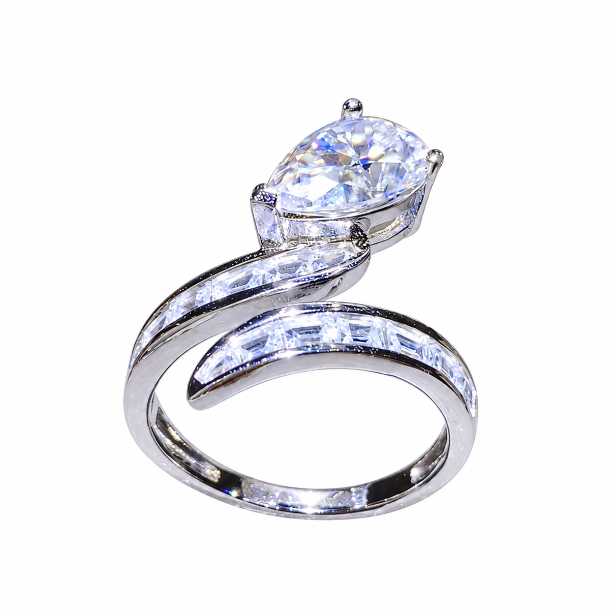 Pear-cut 3 carat moissanite bypass ring in 925 sterling silver with baguette zircon accents, side view on white