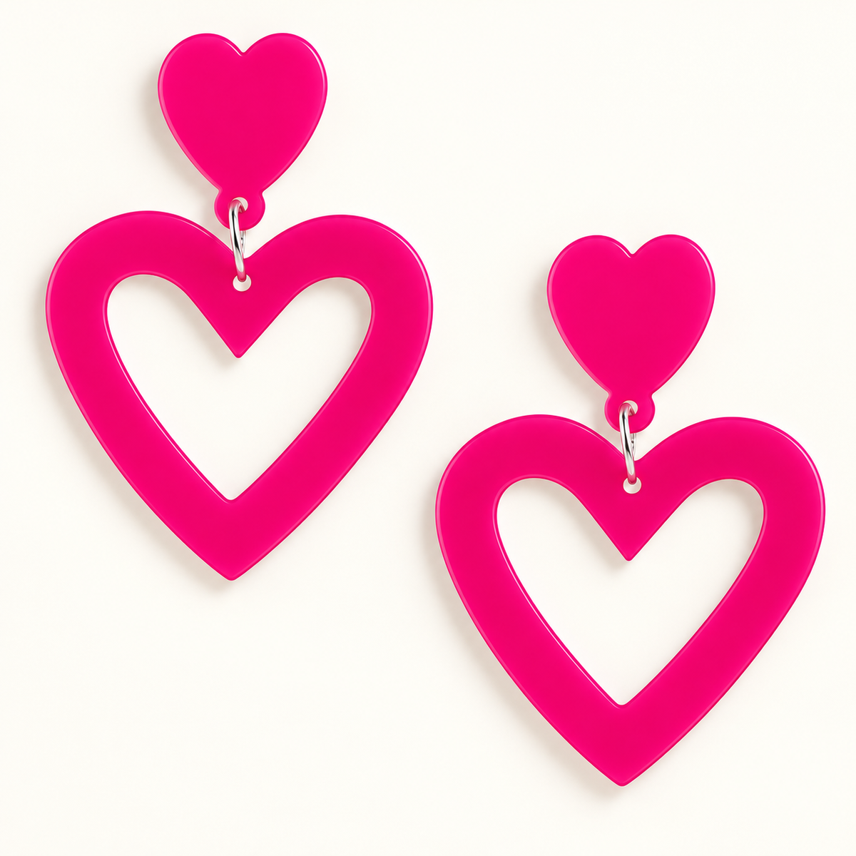 Hot Pink Heart Earrings – Double Heart Drop, Valentine's