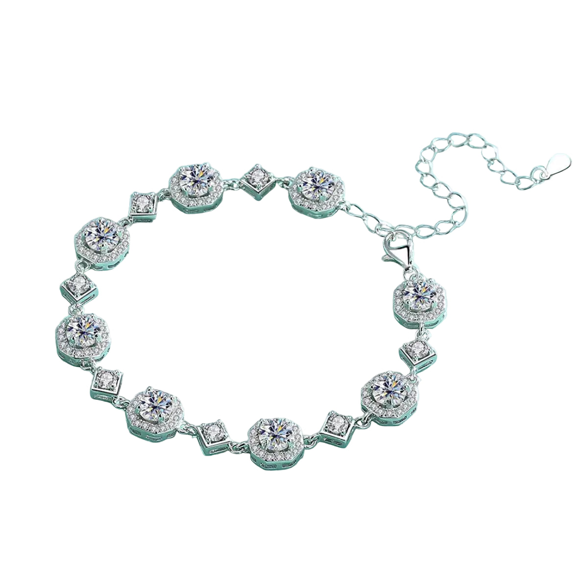 4 carat moissanite bracelet, angled linked-stone view on pure white