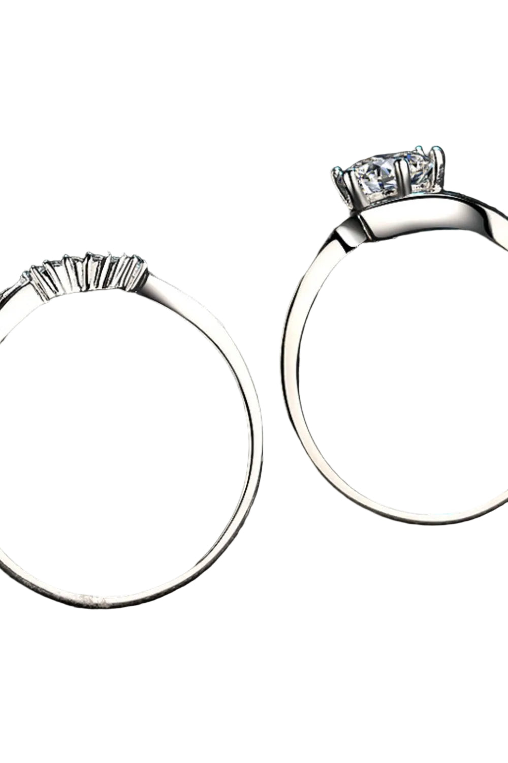 0.8 carat moissanite two-piece ring set in sterling silver, rear band and setting detail on pure white