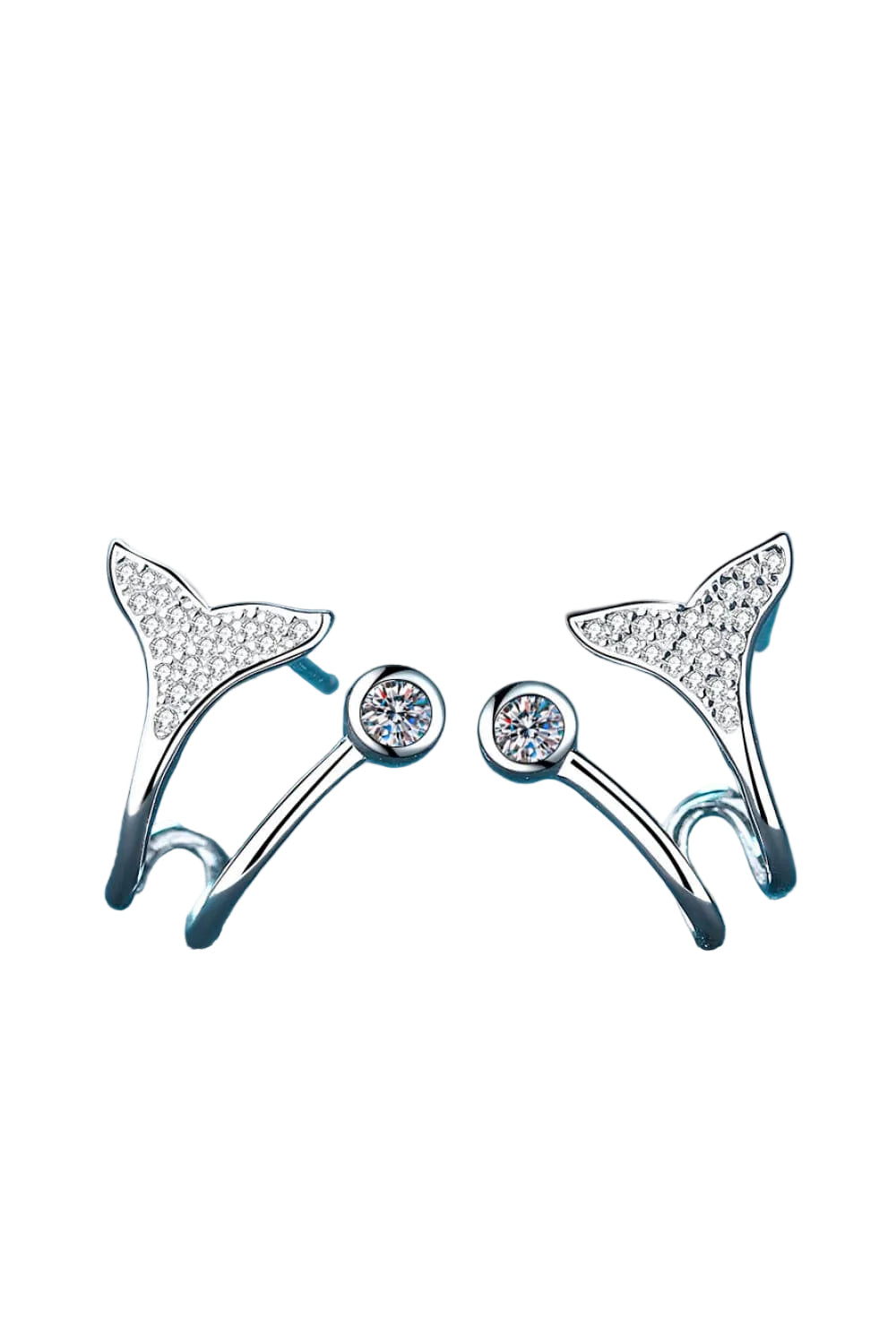 Moissanite fishtail earrings in rhodium-plated sterling silver, front pair on pure white