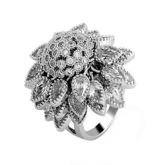Silver-Tone Flower Ring for Women – Adjustable Statement Ring