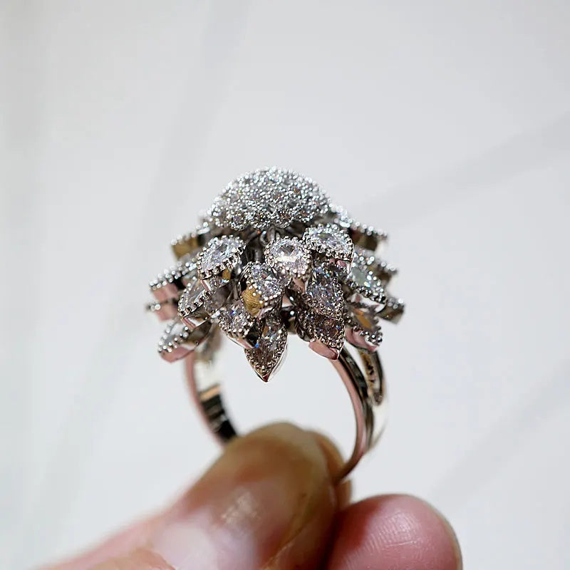 Silver-Tone Flower Ring for Women – Adjustable Statement Ring