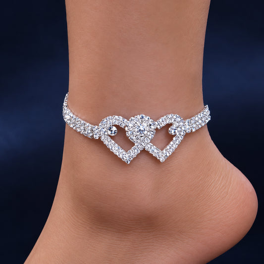 Silver-Tone Heart Anklet for Women – Adjustable, Simulated Rhinestone