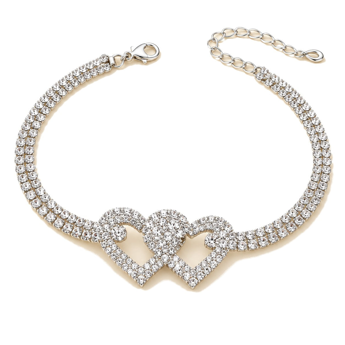 Silver-Tone Heart Anklet for Women – Adjustable, Simulated Rhinestone