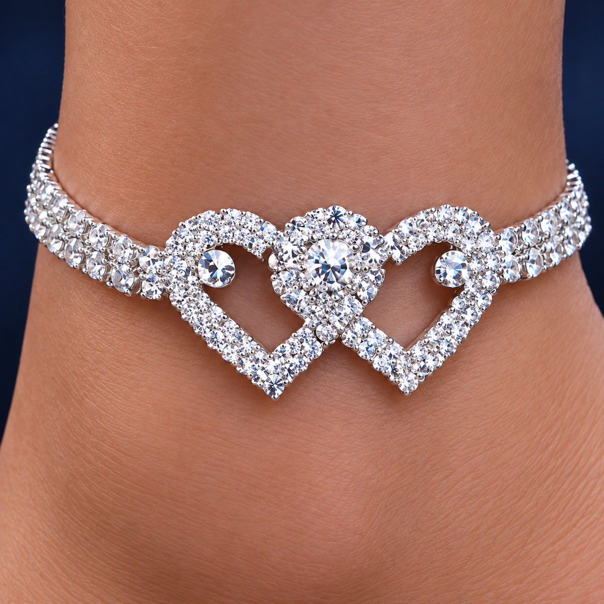 Silver-Tone Heart Anklet for Women – Adjustable, Simulated Rhinestone