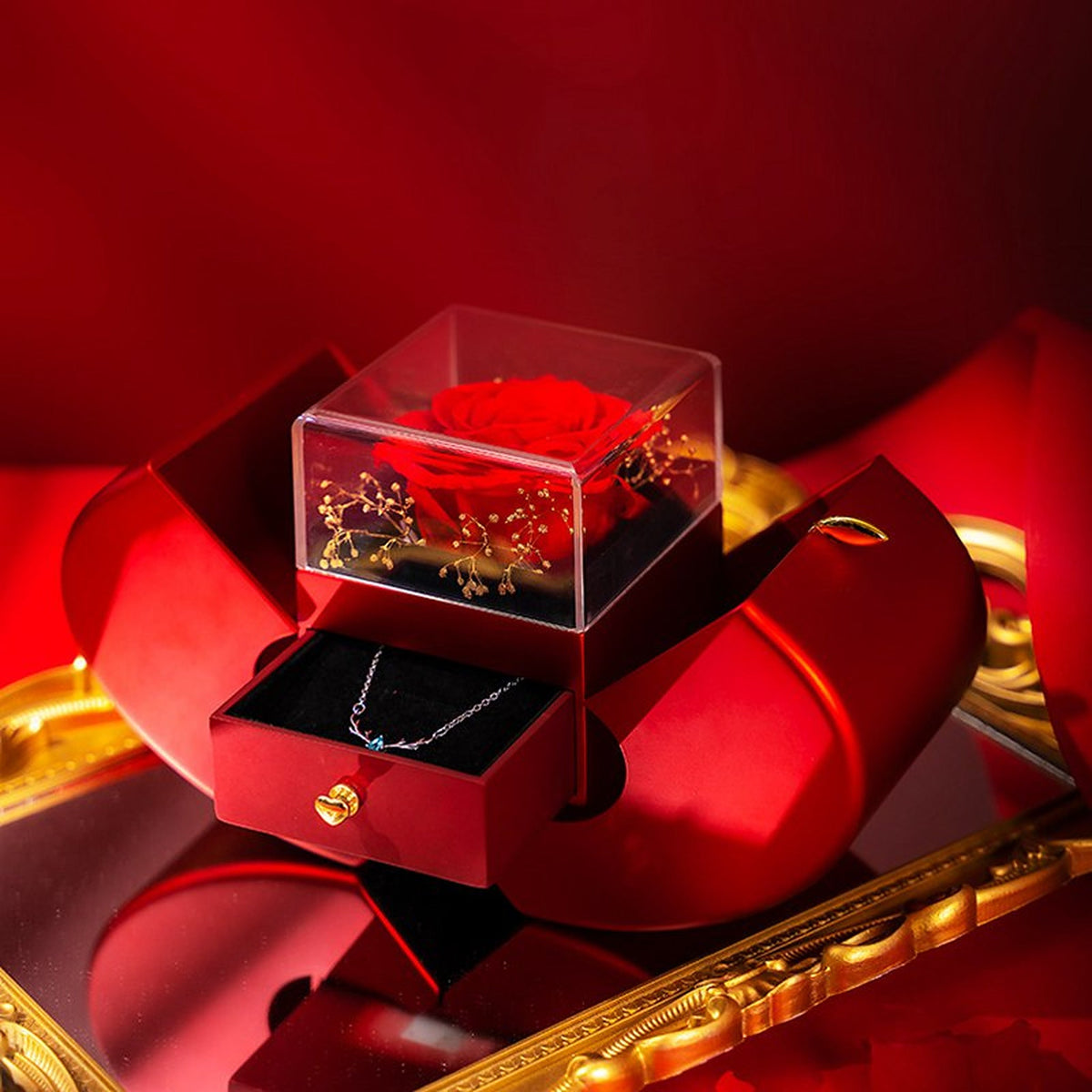 Red Apple Gift Box with Rose Pendant Necklace – Christmas Gift for Her
