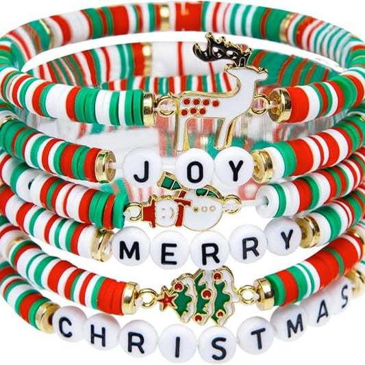 Christmas Stackable Bracelet Set for Women – 6 Pc Joy & Merry