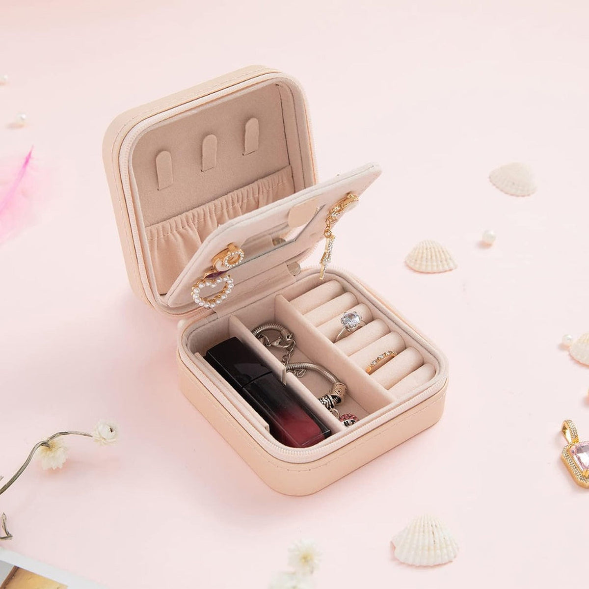 Travel Jewelry Case with Mirror – Compact Jewelry Organizer for Women