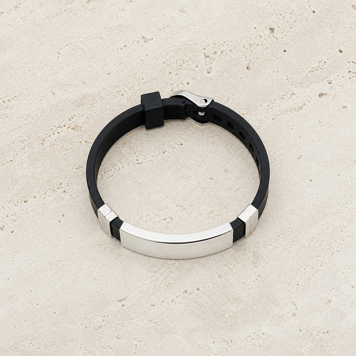 Black Strap Bracelet with Silver-Tone Plate – Unisex Minimal Bracelet