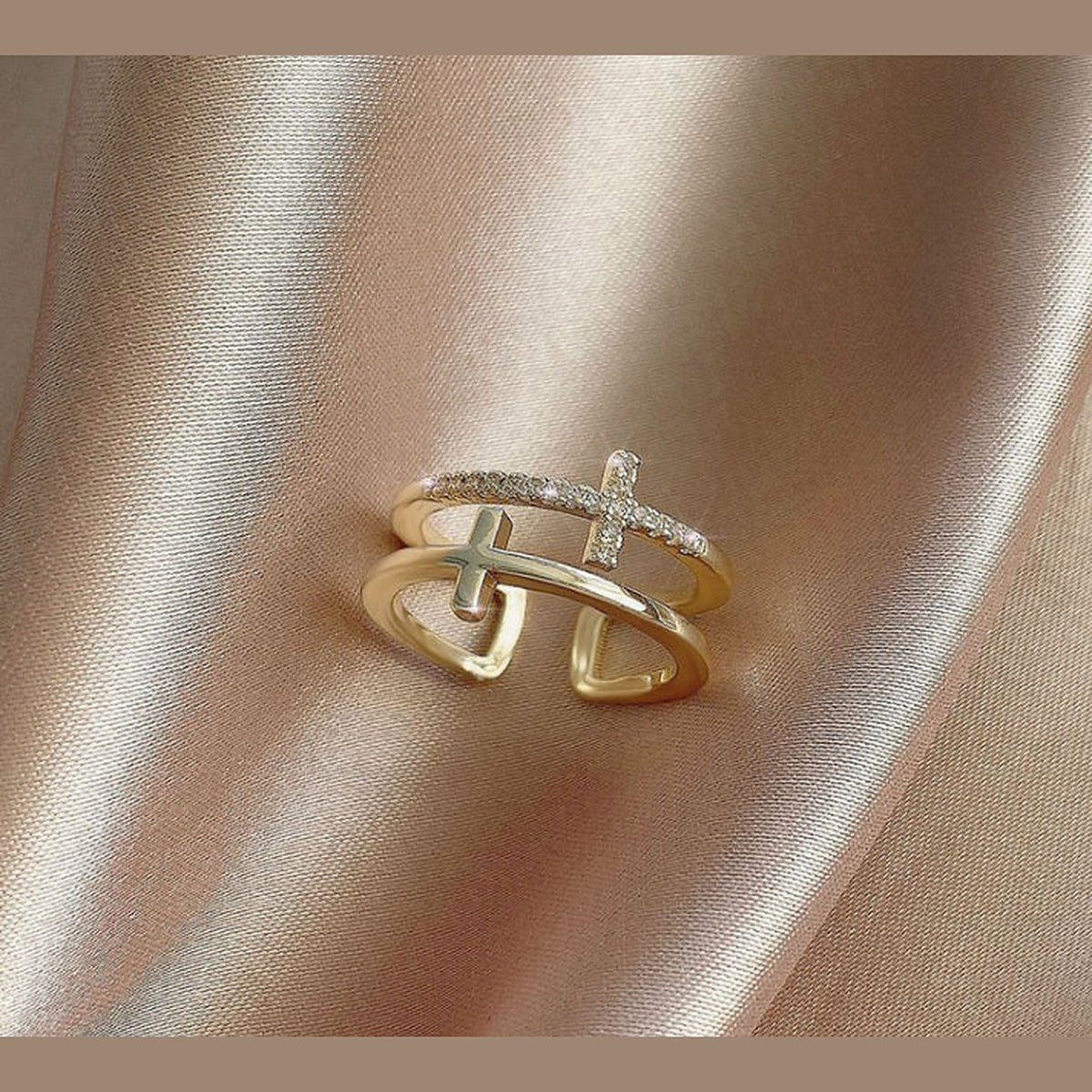 Gold-Tone Double Cross Ring with CZ – Unisex