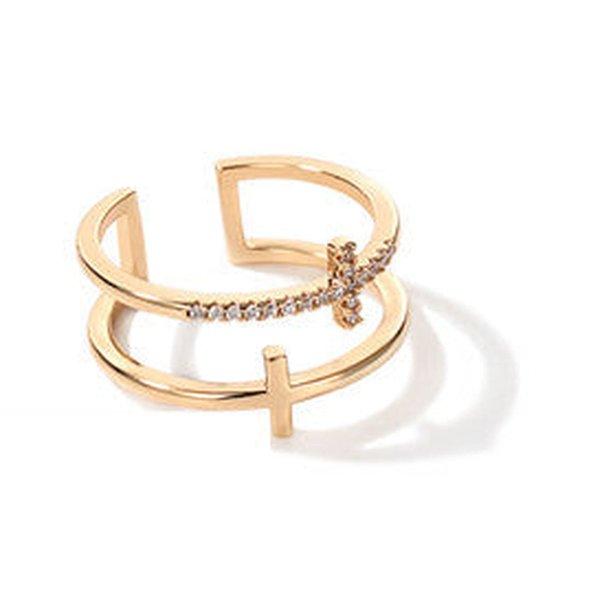 Gold-Tone Double Cross Ring with CZ – Unisex